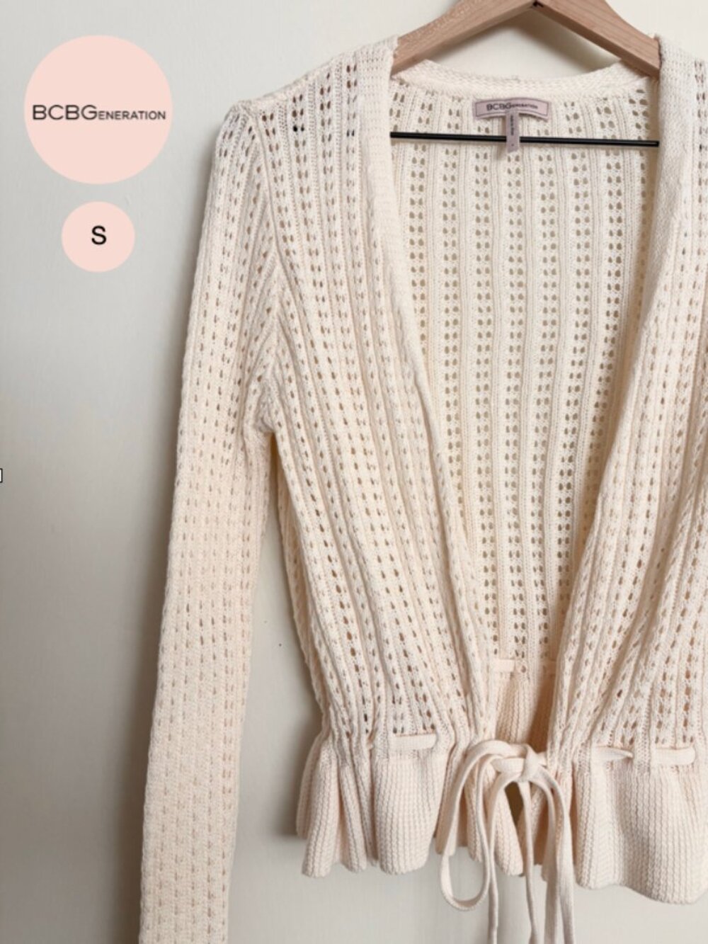 BCBG Cardigan Women Small White Generation Open-Knit Top Drawstring Tie